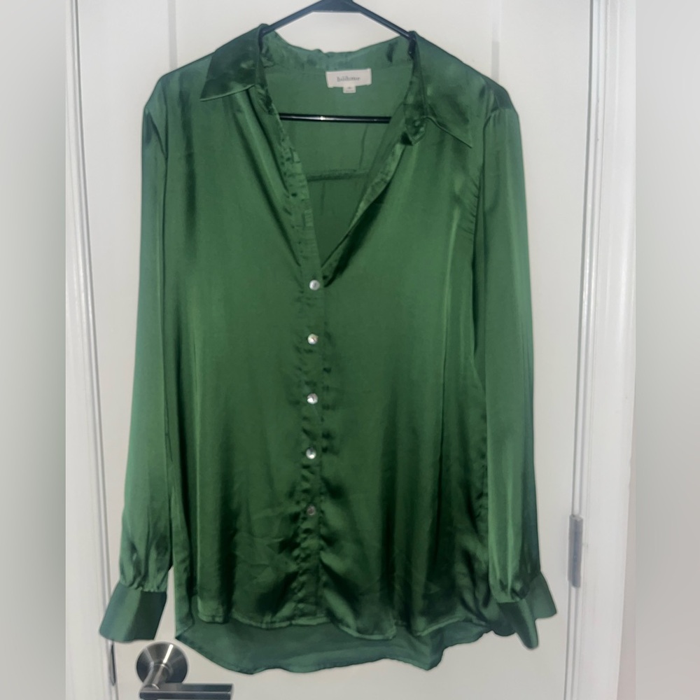 Bohme Forest Green Satin Button Down Long Sleeve Shirt